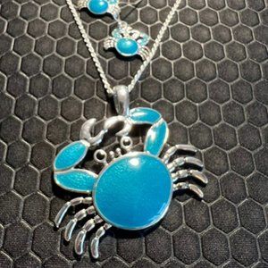 Crab Necklace and Earring Set Blue Made of Sterling Silver